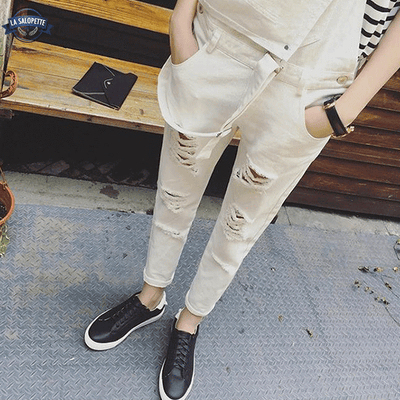 Salopette Jean Beige Déchirée