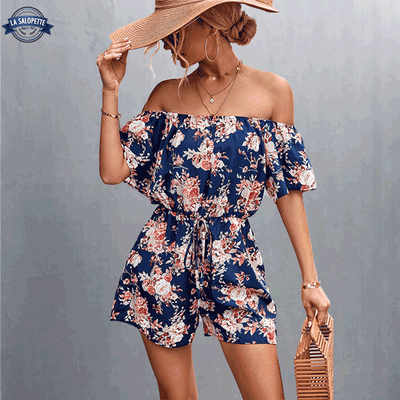 Bleue Marine Combishort Fleurie Femme