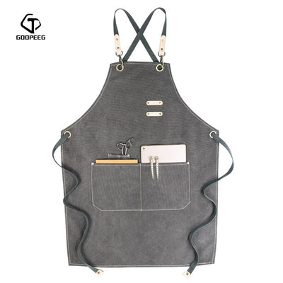 GOOPEEG verano lona trabajo delantal denim versión coreana peluquería floral barista personalizado LOGO cintura